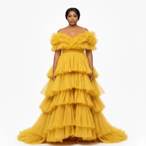 Aurelia Golden Tiered Tulle Off-the shoulder Gown