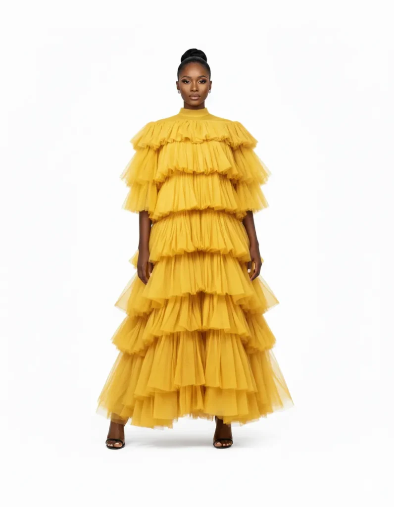 The Aurelia Golden Tiered Tulle Gown